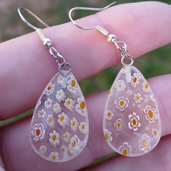Handmade Jewelry - *Sale* New Pear Shape Yellow Millefiori Glass Earrings.